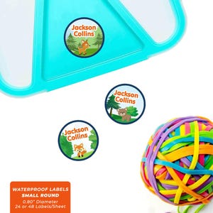 Etichette rotonde con nome (3 misure), Forest Friends (arancione)