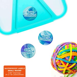 Etichette rotonde con nome (3 misure), liquido (blu)