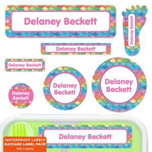 Daycare Label Pack, Name Labels for Daycare, Mermaid Scales (14 Colors)