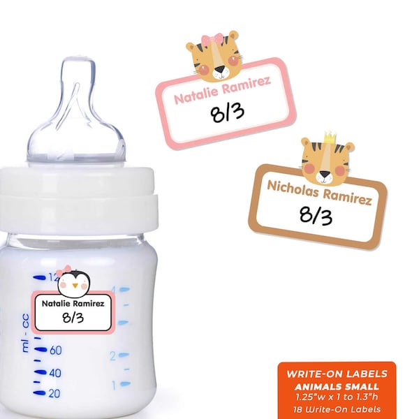 Baby Bottle Labels - Write-On - Animals - Small (Waterproof)