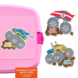 Fun Cut Outs, Name Labels for Kids Water Bottles, Monster Trucks