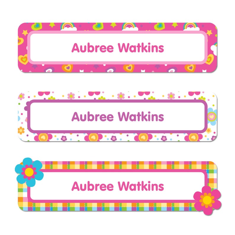 4 Sizes Rectangle Name Labels Flowers and Rainbows