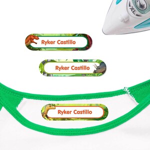 Large Iron On Clothes Name Labels | Customized Iron On Labels | Dinosaurs Roam