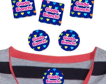 Personalized Clothing Labels | Waterproof Iron-On & Stick-On Name Tags, Hearts Multicolor