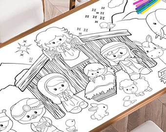 May include: A black and white coloring table cloth featuring a nativity scene with an angel, Mary, Joseph, baby Jesus, a donkey, a sheep, a rabbit, a chick, and three wise men. The table cloth is ready to be colored with markers.