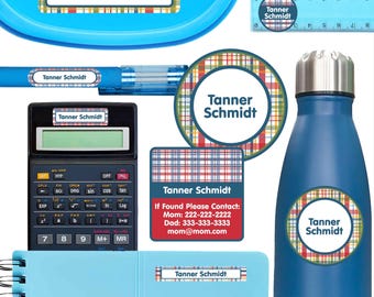 Waterproof School Labels Pack | Plaid Name Stickers for Supplies