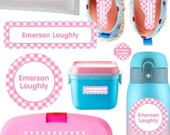 Waterproof Daycare Labels Pack | Gingham Name Stickers for Kids' Gear