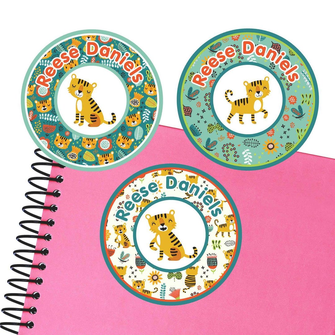 Personalized Round Waterproof Labels: Tiger Design Name Stickers (3 ...