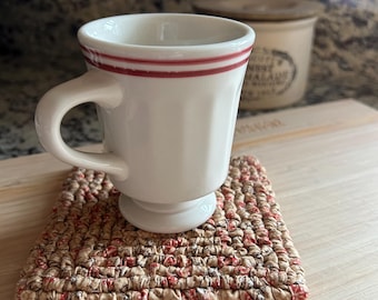 hand hooked set of mug rugs, mini rustic handmade hot pads set, 5.5 x 5.5 inches, cottage kitchen decor, neural tan print fabric coasters