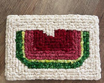 handmade watermelon potholder/trivet, summer table decor, 9 x 6 inch backyard table mat, cottagecore kitchen decor, gifts for dad