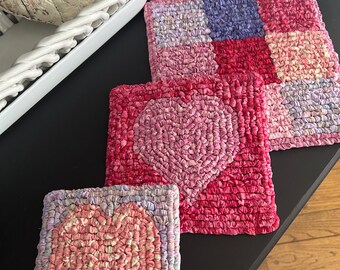 valentines day home decor, trio of hooked fabric holiday mats, February table rugs, hooked heart design, batik heart mats