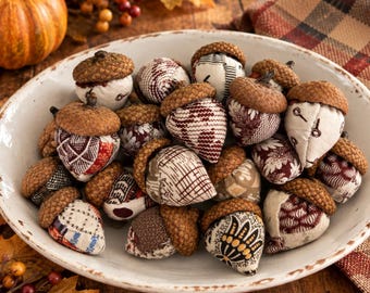 handmade primitive quilt acorns, acorn bowl fillers, cutter quilt acorns, fall fabric acorns, sold by the dozen, 1.5 inch fall decor