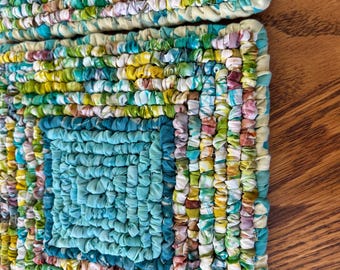 coastal boho potholder/trivet, 7 x 7 inch Lakehouse decor, colors of sea glass, coastal living kitchen decor, beachy living