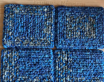 set of 4 handmade blue mug rugs, poolside beverage mats, ocean inspired drink coasters, 6 x 5.25 inch batik coffee mats