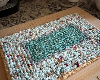 Vintage looking time worn kitchen trivet, 11 x 7.5 inch farmhouse aqua print table mat, pastel and pretty sage green table runner
