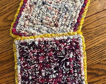 hooked summer mug rugs, set of two, patriotic mug rugs, 5.5 x 5.5 inch festive beverage mats, primitive mug rugs, gift ideas