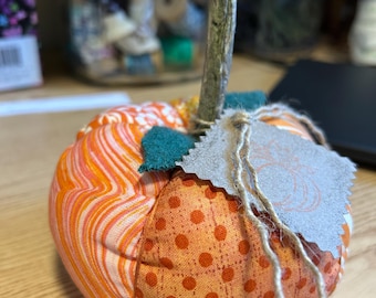 fall fabric pumpkin, multicolored orange fabric pumpkin, 6.5” x 5”, home decor pumpkin, bowl fillers