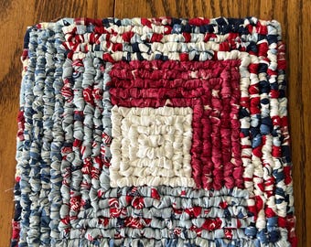 Patriotic Potholder Trivet, Red White Blue Fabric Kitchen Decor, 7.5 Inch fabric square trivet