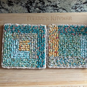 hand hooked set of mug rugs, mini colorful handmade hot pad, 6 x 6 inches, cottage kitchen decor, bright summer fabric trivet, old fashioned