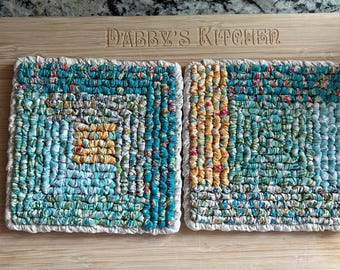 hand hooked set of mug rugs, mini colorful handmade hot pad, 6 x 6 inches, cottage kitchen decor, bright summer fabric trivet, old fashioned