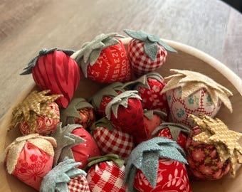 summer red print fabric strawberries, set of ten strawberries, bowl fillers, birthday gift, handmade strawberries, home decor