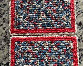 patriotic locker hooked potholder, americana farmhouse hot pad, red, white, and blue primitive kitchen decor, 9 x 5.75 inch rustic mats