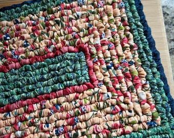 short fabric table runner, thick textured hooked trivet, 14.25 x 7.5 inch one of a kind kitchen decor, bright colorful design
