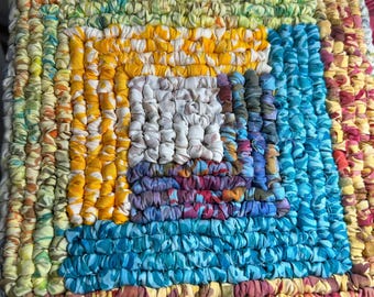 Batik Locker Hooked Trivet, Bright Summer Colors, Boho Kitchen Hot Pad