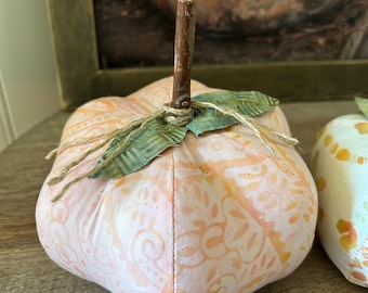 handmade orange fabric pumpkin, batik print stuffed pumpkin, bowl filler, fall pumpkin decor, 6.5” x 7” wide
