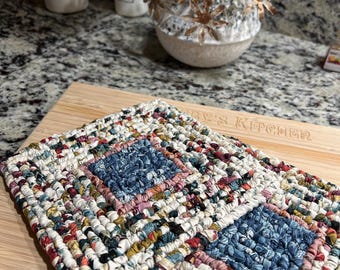 vintage cottage potholder/trivet, multicolored kitchen hotpad, 7 x 7 inch farmhouse table trivet, cottage kitchen