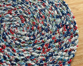 Fourth of July kitchen trivet, 10 inches around, red white and blue batik twine table mat, festive, round fabric snack mat, round reversible