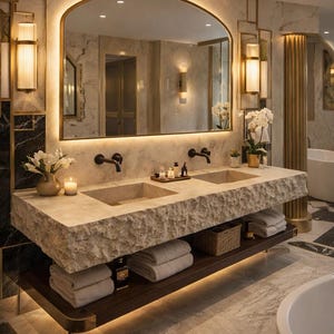 May include: A luxurious bathroom with a double sink vanity made of stone. The vanity has two sinks, black faucets, and a large mirror with a gold frame. The room features gold accents, sconces, and a dark wood shelf with towels and baskets.