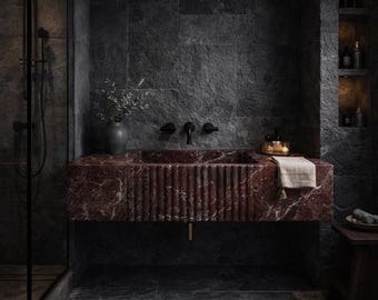 Handcrafted Burgundy Marble Sink | Fluted Stone Vanity Sink | Luxury Natural Marble Bathroom Basin | Custom Wall Mounted Washbasin
