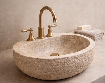 Lavabo de travertino hecho a mano, lavabo ovalado de piedra natural para baño, lavabo rústico texturizado para tocador, decoración de spa de lujo, lavabo artesanal, decoración del hogar