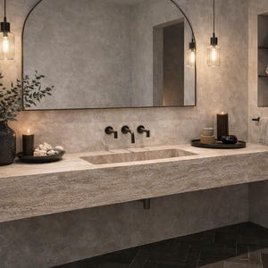 May include: A modern bathroom with a stone vanity and a large mirror. The vanity has a built-in sink and black fixtures. Decorative items include candles, a vase with greenery, and a tray with small objects. The walls are a neutral gray.