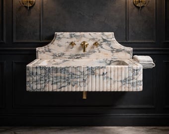 Luxury Marble Wall Mounted Sink | Handmade Stone Bathroom Basin | Fluted Front Vanity Sink | Designer Powder Room Sink | Custom Marble Sink