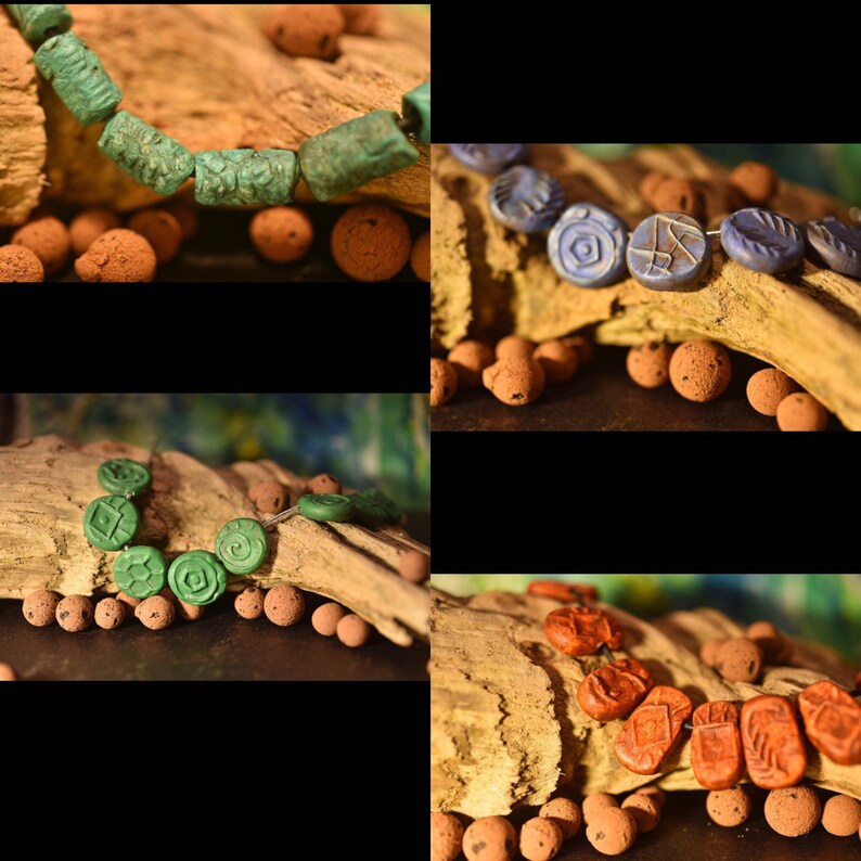 8 Blue Assorted medium clay bracelet beads; rustic earthy stained handmade primitive ooak