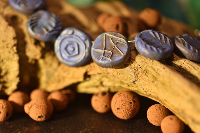 8 Blue Assorted medium clay bracelet beads; rustic earthy stained handmade primitive ooak