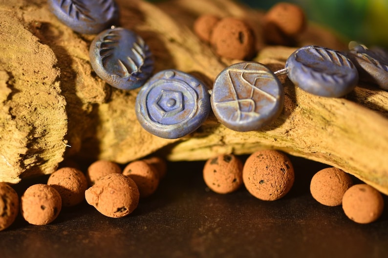 8 Blue Assorted medium clay bracelet beads; rustic earthy stained handmade primitive ooak