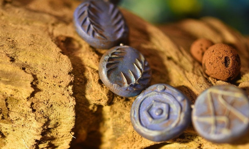 8 Blue Assorted medium clay bracelet beads; rustic earthy stained handmade primitive ooak