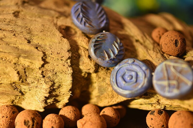 8 Blue Assorted medium clay bracelet beads; rustic earthy stained handmade primitive ooak