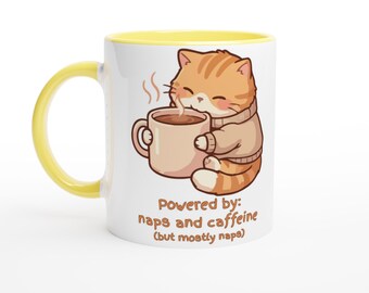 Napping Cat Coffee Mug, Winking Kawaii Cup, Funny Caffeine Lover Gift