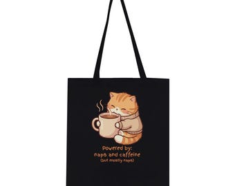 Tote Bag, Cat Coffee Lover, Napping Canvas Tote, Reusable Grocery Bag