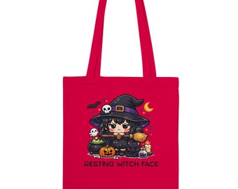 Chibi Witch Tote Bag, Grumpy Cat Ghost Halloween Canvas Bag
