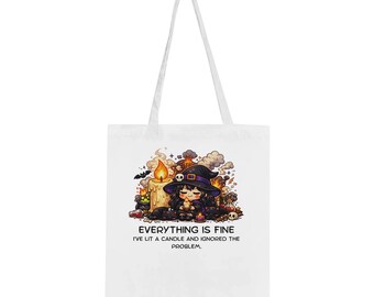 Cozy Witch Chibi Tote Bag, Black Cat Spooky Canvas Book Bag