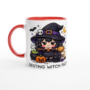 May include: White ceramic mug with a red interior and handle. The mug features a cartoon witch design with a black hat, broom, and the text "RESTING WITCH FACE". Halloween-themed with a black cat, pumpkin, and cauldron.
