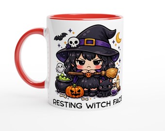 Grumpy Witch Chibi Mug – Halloween Coffee Cup with Black Cat, Ghost (Ceramic 11oz)