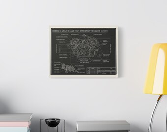 V6 Engine & Dual-Clutch Transmission Blueprint Canvas | Automotive Engineering Decor | Mechanical Schematic Print | Gearhead Gift