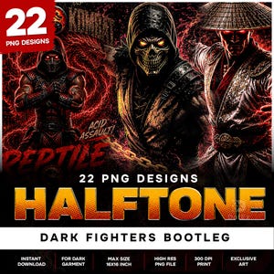 Puede incluir: Una colección digital de 22 diseños PNG con luchadores oscuros en estilo bootleg. Los gráficos incluyen personajes con máscaras de calavera, ojos brillantes y sombreros tradicionales sobre un fondo de rayos rojos con el texto "22 PNG DESIGNS", "HALFTONE", "DARK FIGHTERS BOOTLEG", "REPTILE" y "ACID ASSAULT".