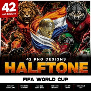 May include: A digital graphic featuring a lion and a wolf wearing football jerseys, a gold trophy, and a flag with orange, white, and blue stripes. The text reads 42 PNG DESIGNS, HALFTONE, and FIFA WORLD CUP. The background includes red and green lightning.